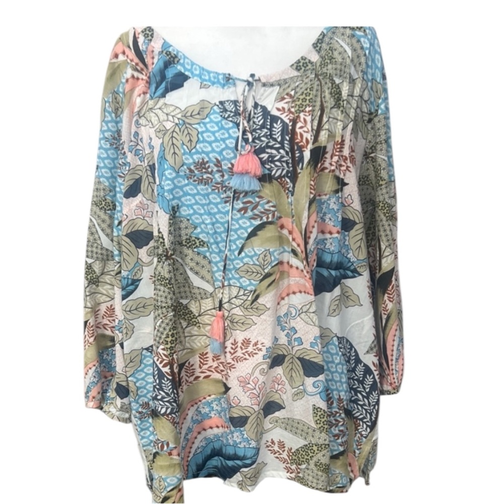 Orientique 1X Artsy Boho Tunic Top Mixed Print Floral Tropical Pockets